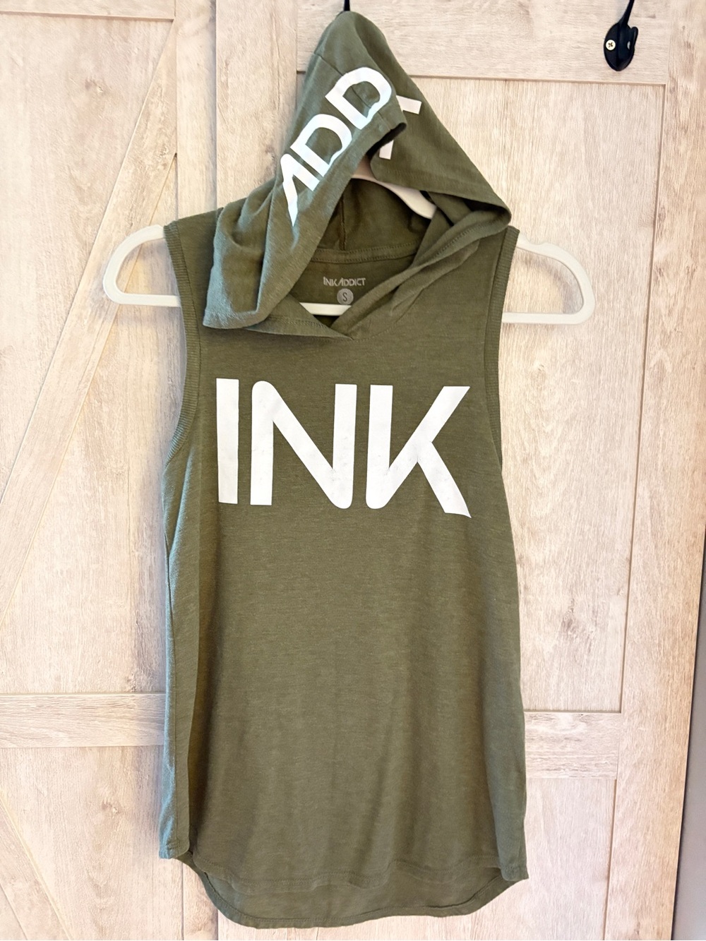 InkAddict INK Olive Green Sleeveless Hooded Tank | Small
